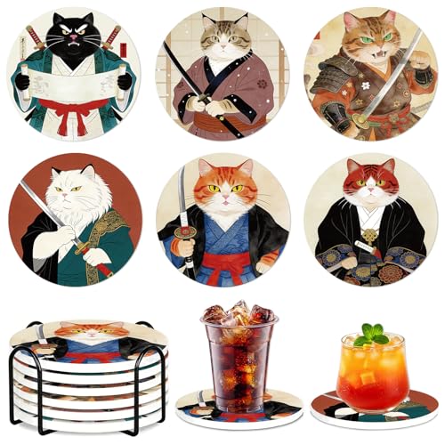 Funny Cat Coasters Set of 6, Japanese‌ Anime Cat Round Ceramic Drink Coasters with Holder Cork Backing Absorbent Coffee Table Protection, Christmas House Warming Gifts - color: Japanese Cat
