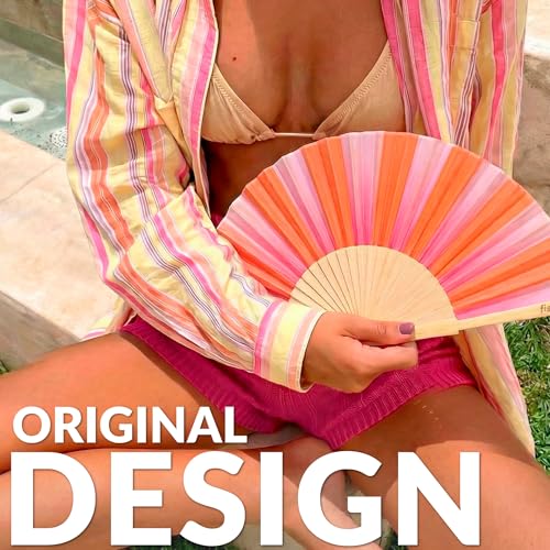 Fisura – Original Folding Fan with Stripe Print. Colorful Wooden Folding Fan in Pink and Orange with Strap Included. Fun Gift idea for Travel Beach Days or Summer Events. 16.7 x 9 in. - color: Stripes, Pink and Orange