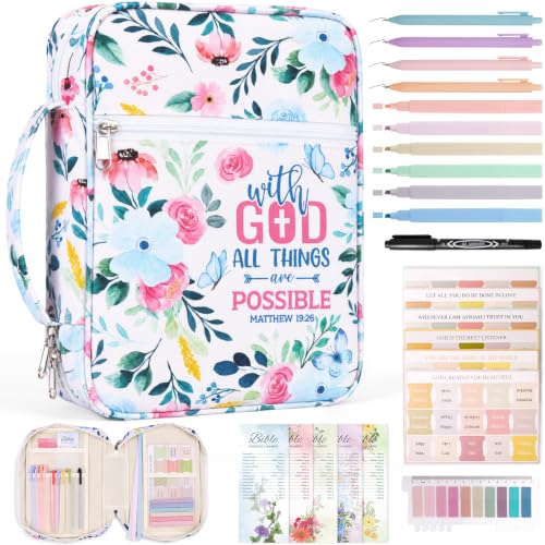 XKDOUS Bible Cover Case for Women Bible Bag Journaling Kit w/Study Supplies - color: Canvas Pink & Blue, size: Large