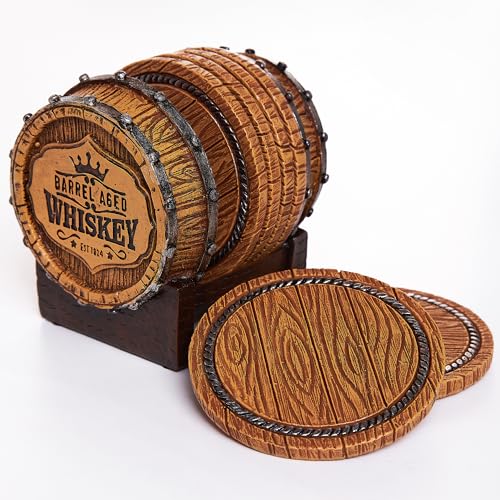 Cabin Obsession Whiskey Barrel Coaster Set – Handcrafted Whiskey Barrel Decor for Whiskey Lovers and Man Cave Gifts for Men - 6 Full Size Whiskey Coasters with Barrel Style Holder for Man Cave Décor - style: Whiskey Coasters
