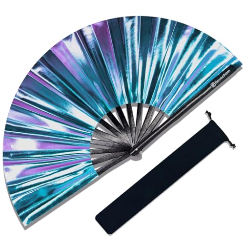 Large Rave Fan, Clack Folding Hand Fan with Premium Fabric, Thick Bamboo Frame for Men Women Gift for EDM, Festival, Club, Party, Dance, Decoration (Holographic Blue-Purple, 13") - color: Holographic Blue-purple, size: 13"