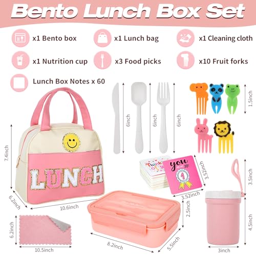 Kolewo4ever 77 Pieces Bento Box Lunch Box Kit Pink White Insulated Lunch Bag 3 Layer Stackable Leakproof Lunch Box Containers with Cup,Lunch Bag,Spoon,Fork,60 Pieces Lunch Box Notes for(Pink White) - color: Pink White