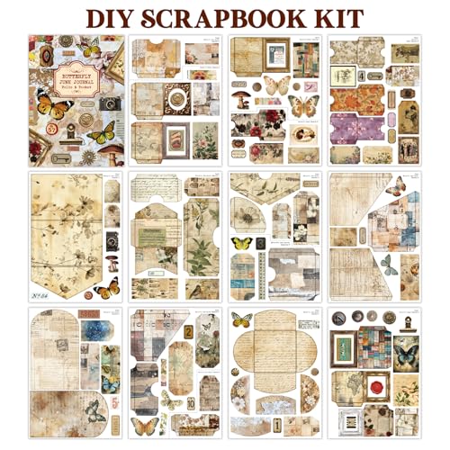 Vintage Junk Journal Kit with DIY Ephemera Storage and Accordion Pockets,11 Sheets Cardstock Pieces for Art Journaling, Scrapbooking and Mixed Media Crafts - color: Vintage
