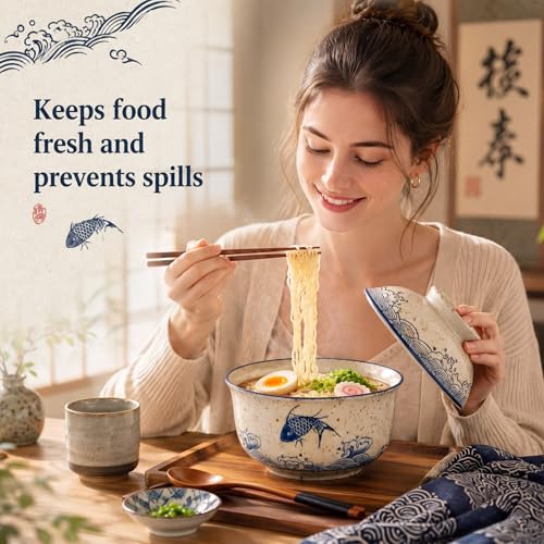 LemonRoad 25oz Ramen Bowls Set of 4 Japanese Dinnerware Set with Lid, Fish - style: Fish