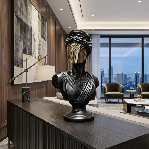 15" Large Bust Statue with Gold Mask, Black Resin Classical Greek Sculpture Home Decor, Modern Lightweight Durable Art Piece for Living Room Table Shelf Office Gift - color: Black