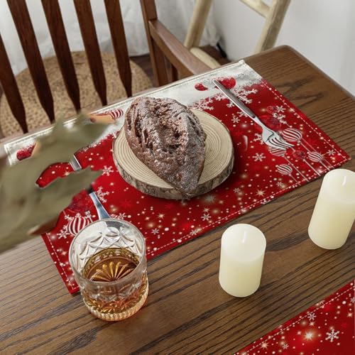 Ansouyi Placemats Set of 6, Red Snowflakes Christmas Balls Washable Heat Resistant Linen Table Mats, Kitchen Decor Non-Slip Place Mats for Party Dining, 12x18 Inch - color: Christmas Balls