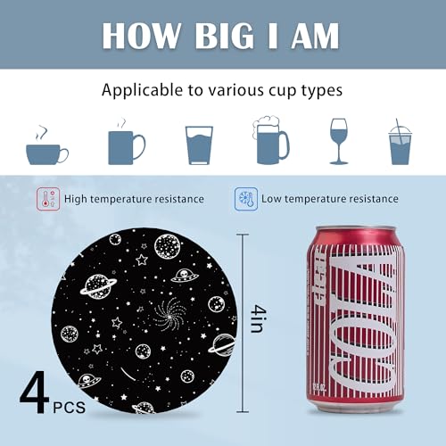Drink Coasters Set of 4, Black and White Stars Planets and Aliens Coasters for Drinks Ceramic Coasters with Cork Bottom for Kinds of Mugs and Cups,Home Decor,4'' - color: Black and White Stars Planets and Aliens