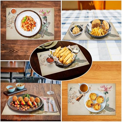 Japanese Placemats Set of 4, 12x18 Inch Traditional Vintage Peacock Oriental Floral Asian Ink Painting Butterfly Seasonal Spring Holiday Coffee Table Mats for Party Kitchen Dining Decoration - color: Pm-floral Bird01, size: 4pcs