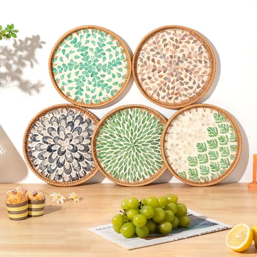 Round Rattan Tray with Mother of Pearl Inlay, Coffee Table Wicker Tray with Wooden Base, Decorative Trays for Home Decor and Display of Coffee Food Fruit Bread (Green Wicker)