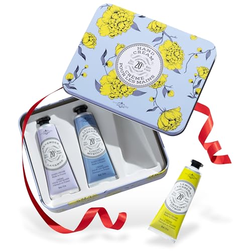 La Chatelaine Hand Cream Trio Tin, Mothers Day Gift Set, Natural Hand Lotion, Made in France with 20% Organic Shea Butter, Nourishing (Lavender, Lychee Bilberry & Lemon Verbena) 3 x 1 fl oz - style: Lavender Trio