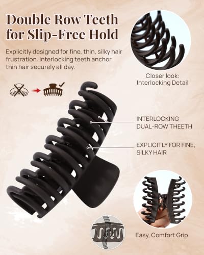Mesovor 4 Pack 3.5" Double Row Teeth Claw Clips for Thin Fine Hair Non-Slip - color: 2pcs Black, 2pcs Dark Brown
