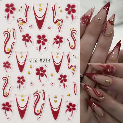 Flower Nail Art Stickers Decals French Tip Flower Nail Decals 4PCS Brown Wine Red Blue Flowers Petals Golden Circle Polka Dot Design Nails Adhesive Stickers for Women Fall Winter Nail Art Decorations - style: style8