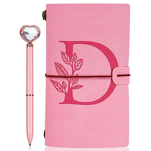 Personalized Journal Gift-Pink Initial Leather Journal+Heart Diamond Pen Set,Travel Notebook Diary Gifts,Refillable Notepads,Christmas,Birthday Gifts for Women Girls (7.9"x4.7") (D) - style: D