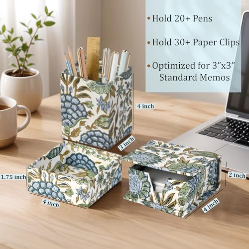 Ridhi Asparagus Green Block Print Office Desk Organizer Pen & Note Holder - color: Asparagus Green