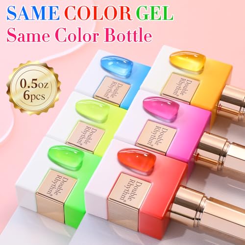 Double Rhythm 6 Pcs 15 ML Gel Polish Set Same Color Same Bottle Soak Off Gel Polish Kit Nail Art Manicure Salon DIY at Home for Women (Jelly Neon Pink Blue Red Green-T6-26) - color: Crystal Neon