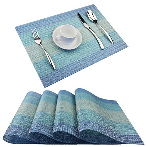 Placemats Washable Easy to Clean PVC Placemat for Kitchen Table Heat-resistand Woven Vinyl Hard Table Mats 12x18 inches Set of 4 (Blue) - color: 02: Coastal, size: 4 Placemats