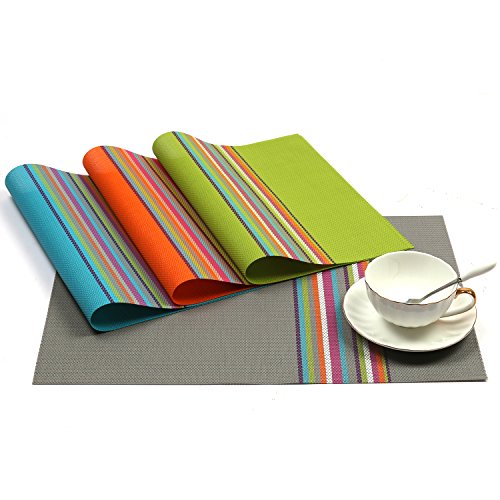 SHACOS Placemats Set of 4 Colorful Woven Vinyl Place Mats for Dining Table Reversible PVC Heat Resistant Table Mats (4, Multicolor) - color: Multicolor, size: Set of 4
