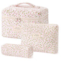 HBselect Quilted Makeup Bag, 3Pcs Cotton Large Travel Makeup Bags Organizer - color: A-3PCS-Floral 17