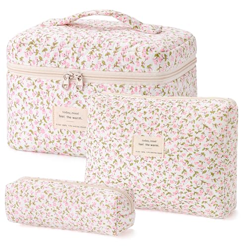 HBselect Quilted Makeup Bag, 3Pcs Cotton Large Travel Makeup Bags Organizer - color: A-3PCS-Floral 17