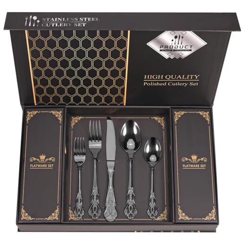 Retro Royal Black Silverware Set With Gift Box, 20-Pieces Cutlery Set Utensils Stainless Steel Flatware For 4 MIKIWAY Kitchen Tableware Set For Gifts Festive, Dishwasher Safe, Mirror Polishing - color: A-Mirror Black (Gift Box)