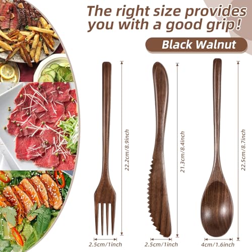Geiserailie 12 Pcs 12 Pcs Wooden Utensils Spoon Fork Knife Set, Walnut Wood