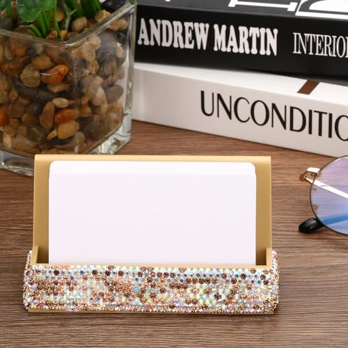 PATIKIL Business Card Holder for Desk, Rhinestone Business Card Holders Crystal Card Stand Organizer Cards Display for Office Exhibition, Gold Tone - color: Gold Tone
