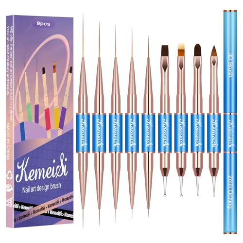 KEMEISI Nail Art Brush Set, 9PCS Double-Ended Acrylic Liner Brush Dotting Pen for Gel Polish, Nail Design Tools for Professional Manicure DIY Home Salon - color: Blue