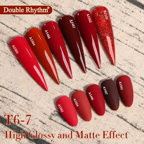 Double Rhythm 6 Pcs 15 ML Gel Polish Set Same Color Same Bottle Soak Off Gel Polish Kit Nail Art Manicure Salon DIY at Home for Women (Glitter Burgundy Dark Cherry Red Maroon-T6-7) - color: Burgundy Red