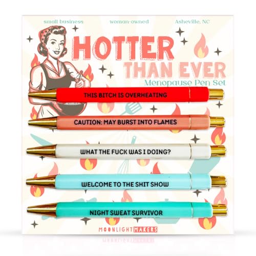 Moonlight Makers Set of 5 Ballpoint Pens Black Ink, Hotter Than Ever, Funny - color: Hotter Than Ever (Menopause)