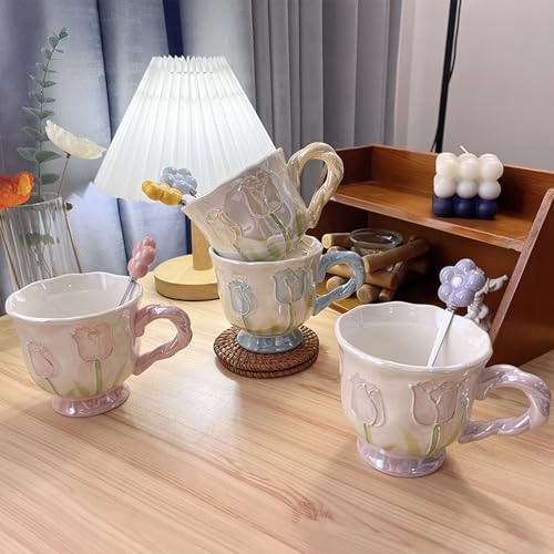 Ceramic Coffee Mug 14oz/410ml Blue Cute Flower with Spoon - color: Pearlescent Blue, size: Large