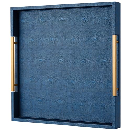 Navy Blue Faux Leather Large Square Decorative Serving Tray with Handles – for Coffee Table, Ottoman, Living Room, Bathroom & Home Decor - color: Blue, size: 20" x 20" x 2"