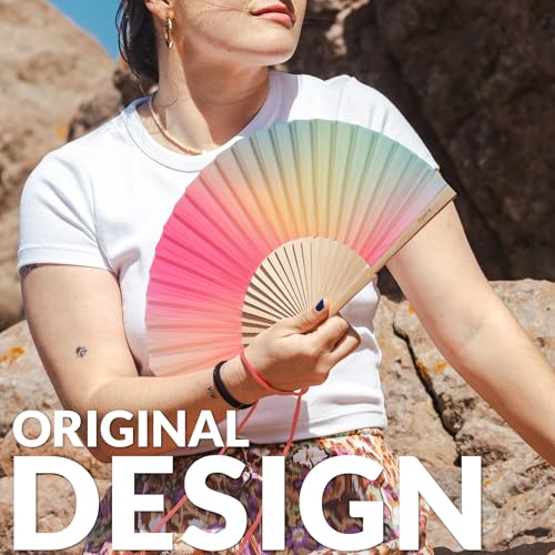 Fisura - Original Folding Fan with Gradient Colors. Wooden Handheld Fan for Women. Pink and Green Design for Raves, Festivals, weedings. Hanger Included. Size: 16.7 x 9 inches - color: Pink and Green