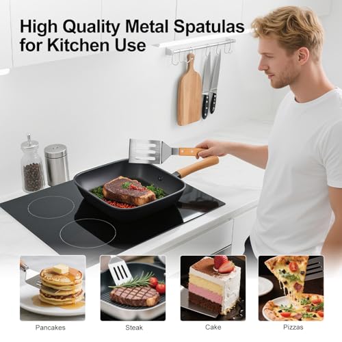 Stainless Steel Spatula Set, 2 Pcs Metal Spatulas for Kitchen Use, Professional Metal Spatula for Cast Iron Skillet with Wooden Handle, Ideal Choice for Making Desserts, Pancakes, Eggs, and BBQ