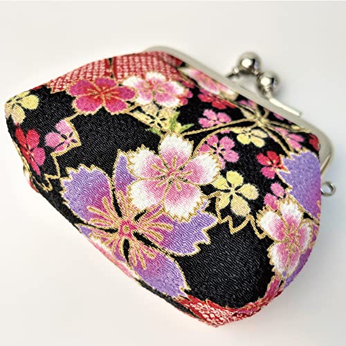 Coin Purse [ Made in Japan ] Traditional Edo Komon Design Small Change Pouch Cherry blossom (Black)