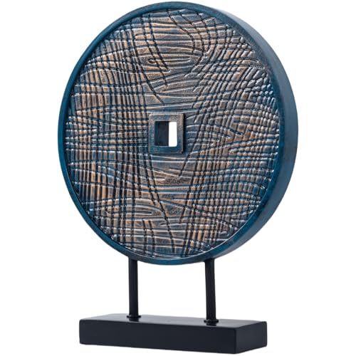 Unique Round Coin Sculpture Decorative Objects for Shelf Home Decor Accents, Modern Abstract Tabletop Decor Items for Living Room Fireplace Mantel, Above Cabinet (Blue) - color: Blue
