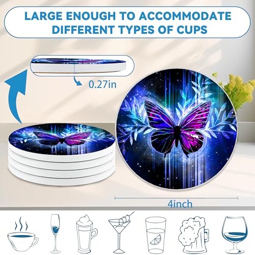 Drinks Coasters Set of 4, Magic Butterfly Round 4" Cup Coasters, Absorbent Ceramic Stone Coasters with Cork Base, Cute Coasters for Table Home Décor, Ideal Gifts for Women Men - color: Magic Butterfly