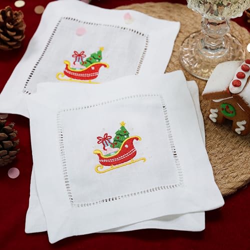 100% Linen Cocktail Napkins with Eembroidery Christmas Sleigh 6 Pack Cloth Coaster for Xmas Parties Kitchen Coffee Bar Gift Ladder Hemstitch Snowy Sleighride Square Fabric Napkins (6"x6") - color: Sleigh