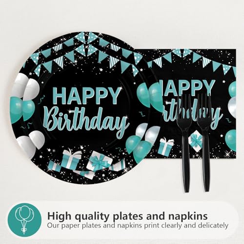 Grencian 96Pcs Happy Birthday Teal Blue Black Party Decorations Serves 24 - style: Peacock Blue Black Birthday