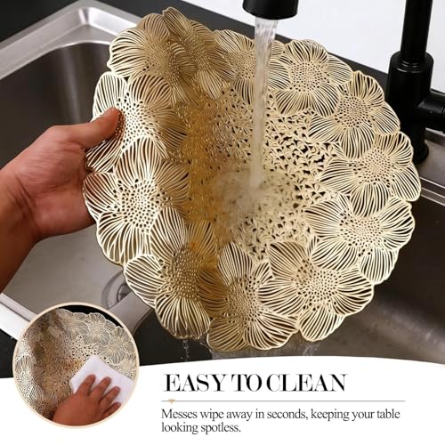 Quantum Love Gold Round Placemats Set of 6 Flower Metallic Circle Vinyl Place Mats 15 Inch Wipeable Hollow Out Table Mat for Anniversary Wedding Events Kitchen - color: Gold Flower
