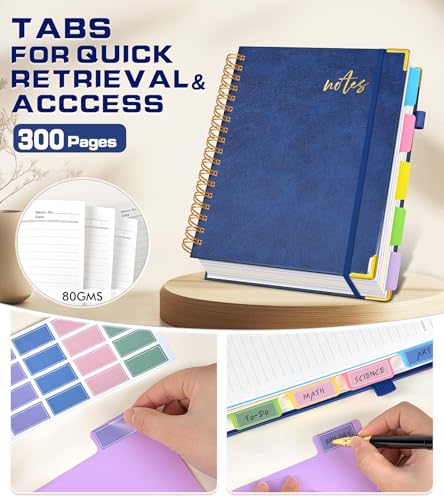 Hardcover Spiral Notebook Journal 8.5" x 11" Leather 5 Subject Notebook with Removable Dividers Tabs, 300 Pages Organizer Notebooks for Work School, College Ruled, Large Lined Journal for Women,Navy - color: Navy, size: A4