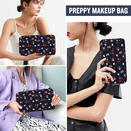Nylon Small Floral Makeup Bag for Purse, Cute Preppy Makeup Bag Cosmetic Zipper Pouch Purse, Waterproof Portable Travel Set Toiletry Bag Make Up Brush Bag Organizer Storage for Women(Navy Blue-Flower) - color: Navy Blue-Flower, size: Small