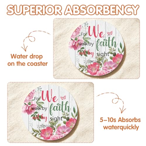 Christian Bible Verse Coasters Set of 6, Religious Round Ceramic Cup Coasters with Holder, Drink Absorbent Cork Base Table Desk Protection, Christian Home Decor Christmas Housewarming Gifts - color: Bible Verse Flower
