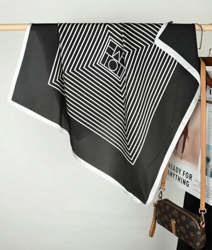 corciova Women’s Square Scarf 27.5 in (70 x 70 cm), Satin-Feel Polyester, Lightweight Fashion Scarf for Hair, Neck and Bag - color: Geometric Stripe (Black / White)