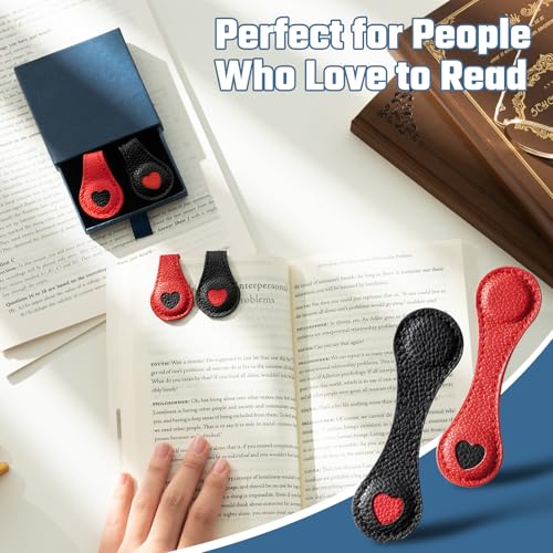 Ovesmusl 2Pcs PU Leather Heart Magnetic Bookmarks with Pen Holder - style: Heart (Red+Black)