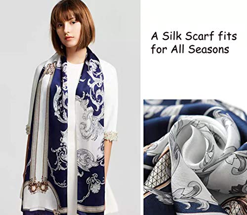 ANDANTINO 100% Silk Long Scarf-Women Large Oblong Shawls with Gift Packed - color: Navy&white -Phoenix Tail Fern