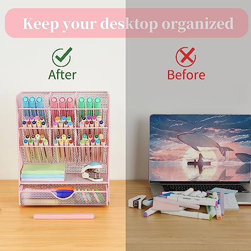 Spacrea Pen Holder Desk Organizer - Desk Organizers and Accessories, Pencil Holder with 10 Compartments and 1 Drawer（Pink）