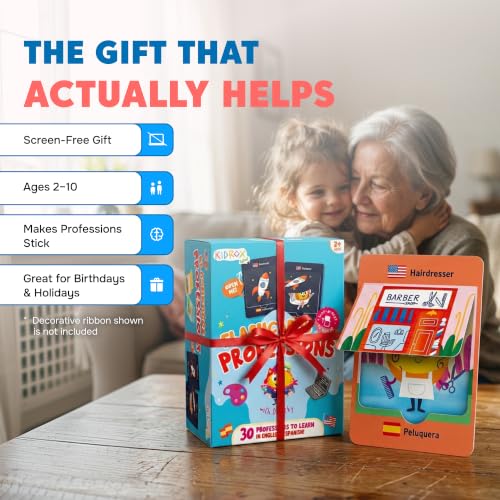 Kidrox Career & Professions Flash Cards, English Learning Cards with Spanish Translations, Interactive Open & Cover, 30 Pack - color: Professions