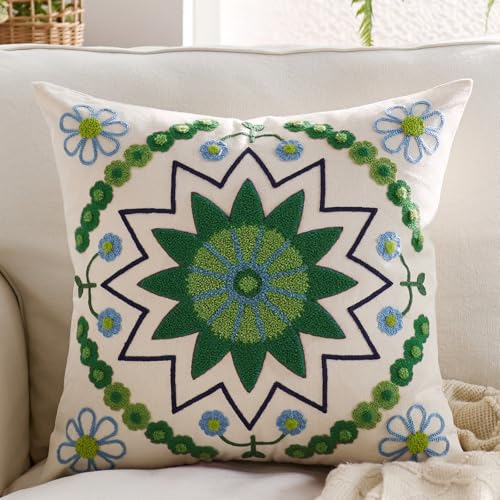 Embroidered Floral Throw Pillow Cover 18x18 Set of 1 Green - color: Green, size: 18" x 18" (Pack of 1)