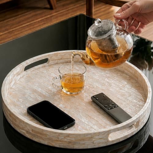 13" Capiz Shell Round Decorative Tray with Handles – Handcrafted Mother of Pearl Lacquer Serving Tray for Coffee Table, Ottoman, Bathroom Vanity & Kitchen – Coastal Farmhouse Boho Home Decor Gift