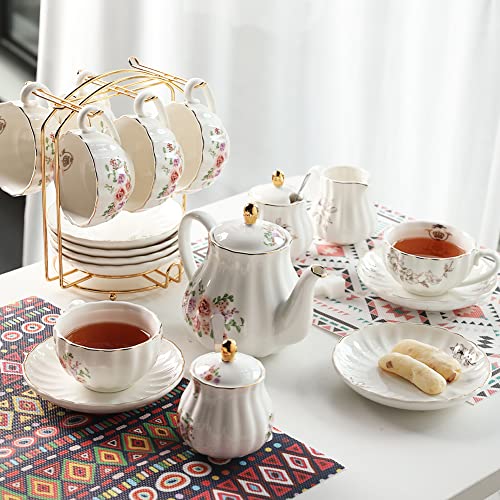 Porcelain Tea Sets British Royal Series, 8 OZ Cups & Saucer Service for 6, with Teapot Sugar Bowl Cream Pitcher Teaspoons and Tea Strainer, Suitable for High Tea, Wedding, Party（Rose Flower） - color: Rose Flower